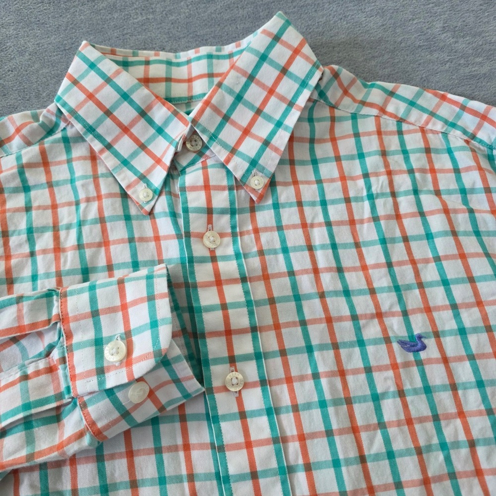 Southern Marsh Mens Medium Plaid Button Down Shirt Orange Teal White Long Sleeve